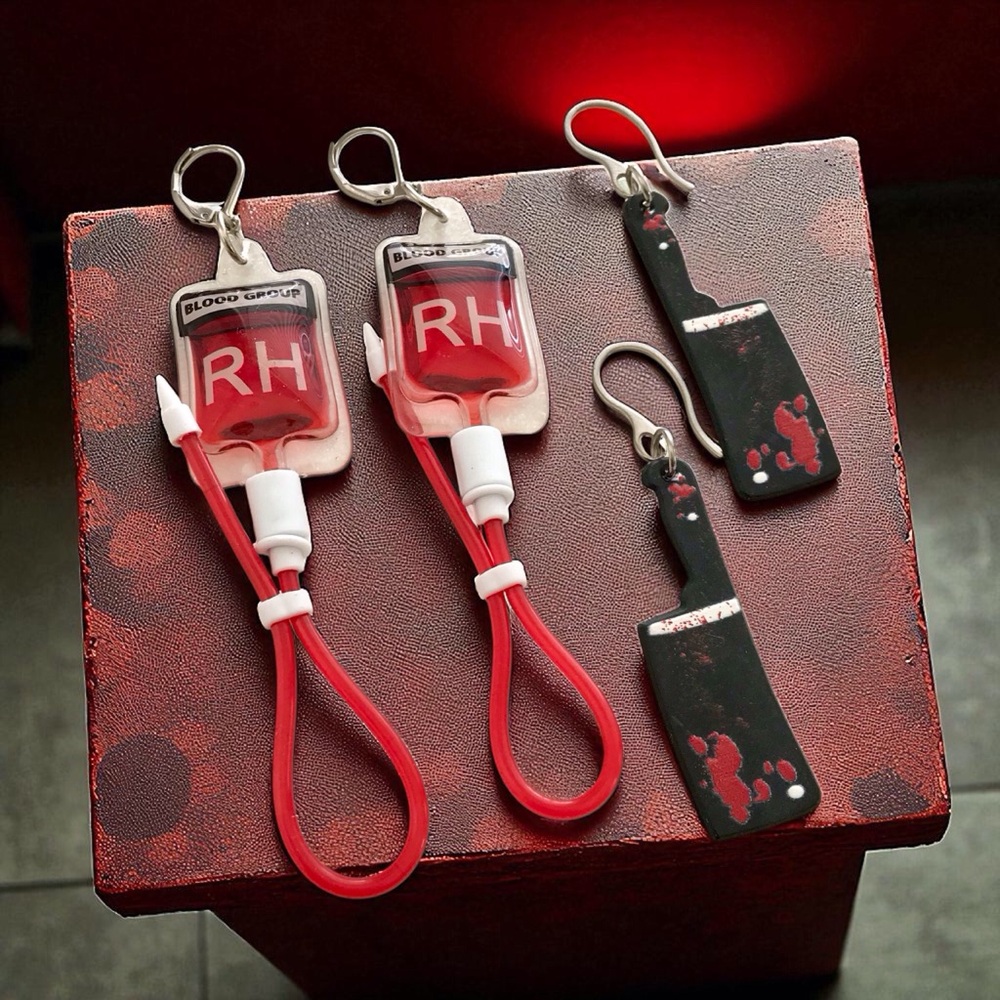 🆕 Blood Bags Type RH and Meat Cleaver Earrings